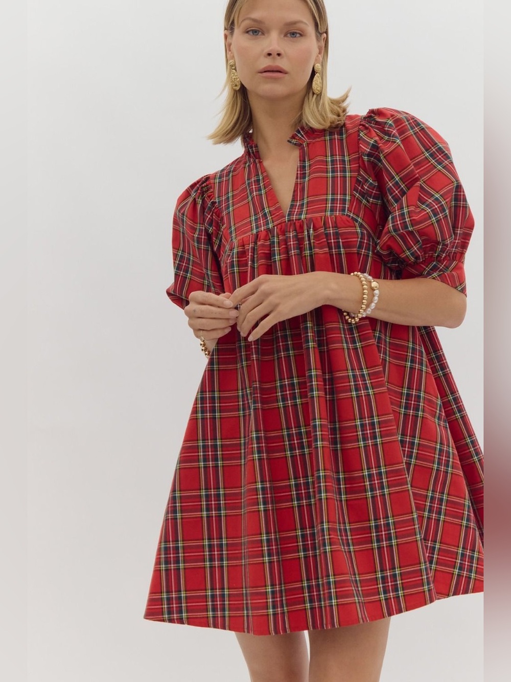 Entro Navy Plaid V Neck Puff Sleeve Babydoll Mini Dress S Small - Picture 10 of 10